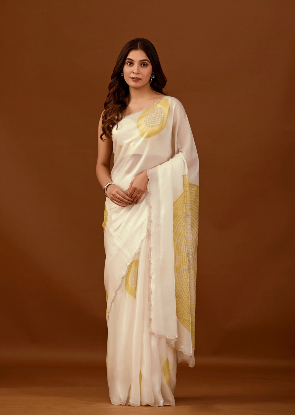 Ivory Organza Silk Saree Close Up Pose - Festive Wear Saree