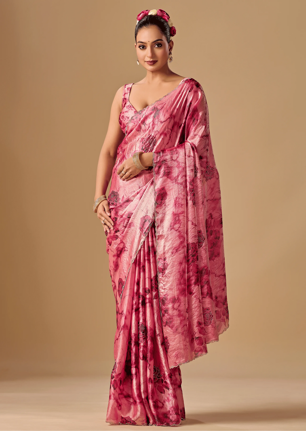 Rose Red Organza Silk Saree With Stone Work - Front Look | Buy On Ethnic9