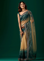 Teal Blue Organza Saree With Floral Print - Front Look | Buy Online Ethnic9