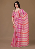 Pink Organza Saree With Striped Print - Front Look | Buy Online Ethnic9