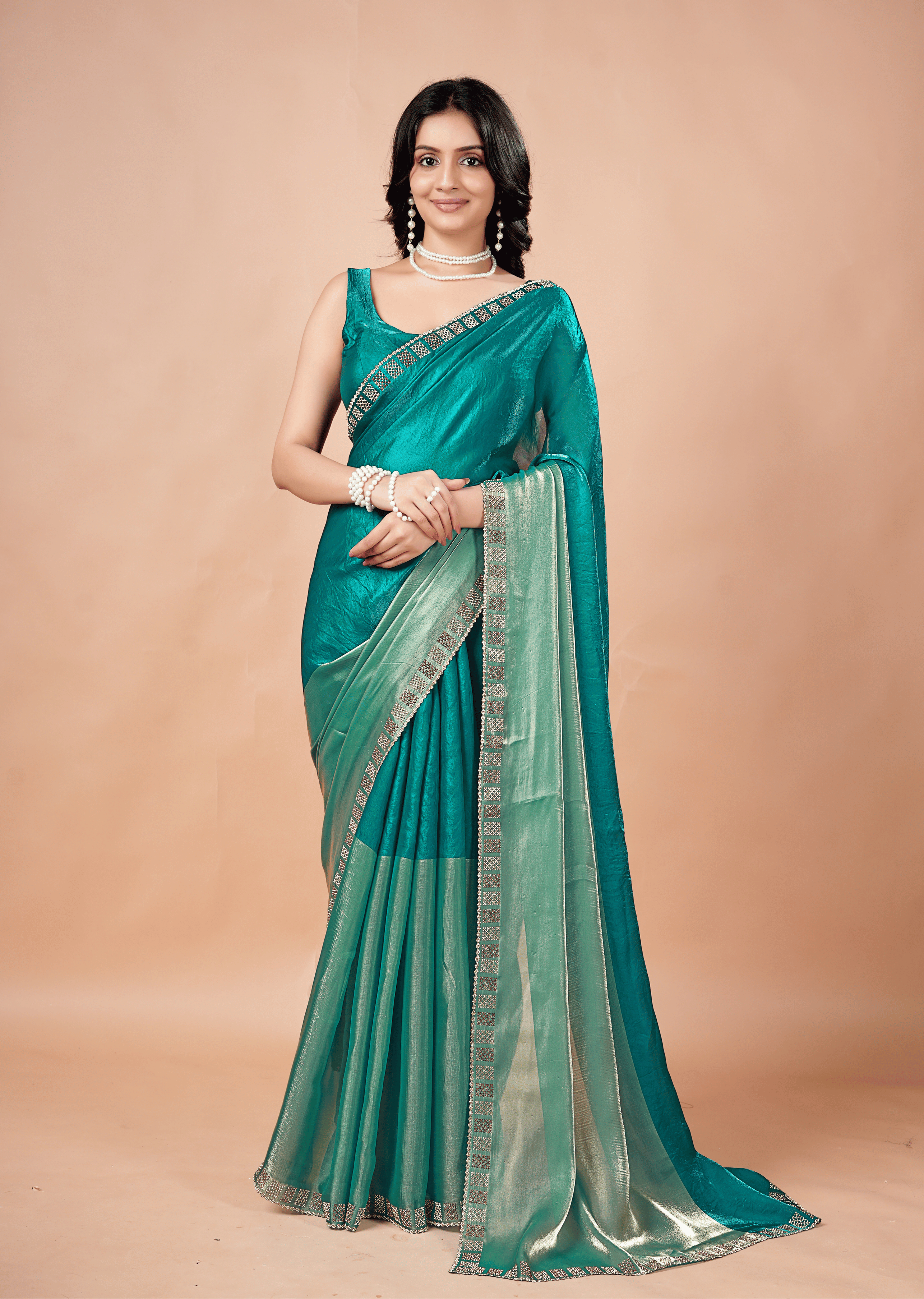 Firozi Tissue Silk Saree With Stone Border