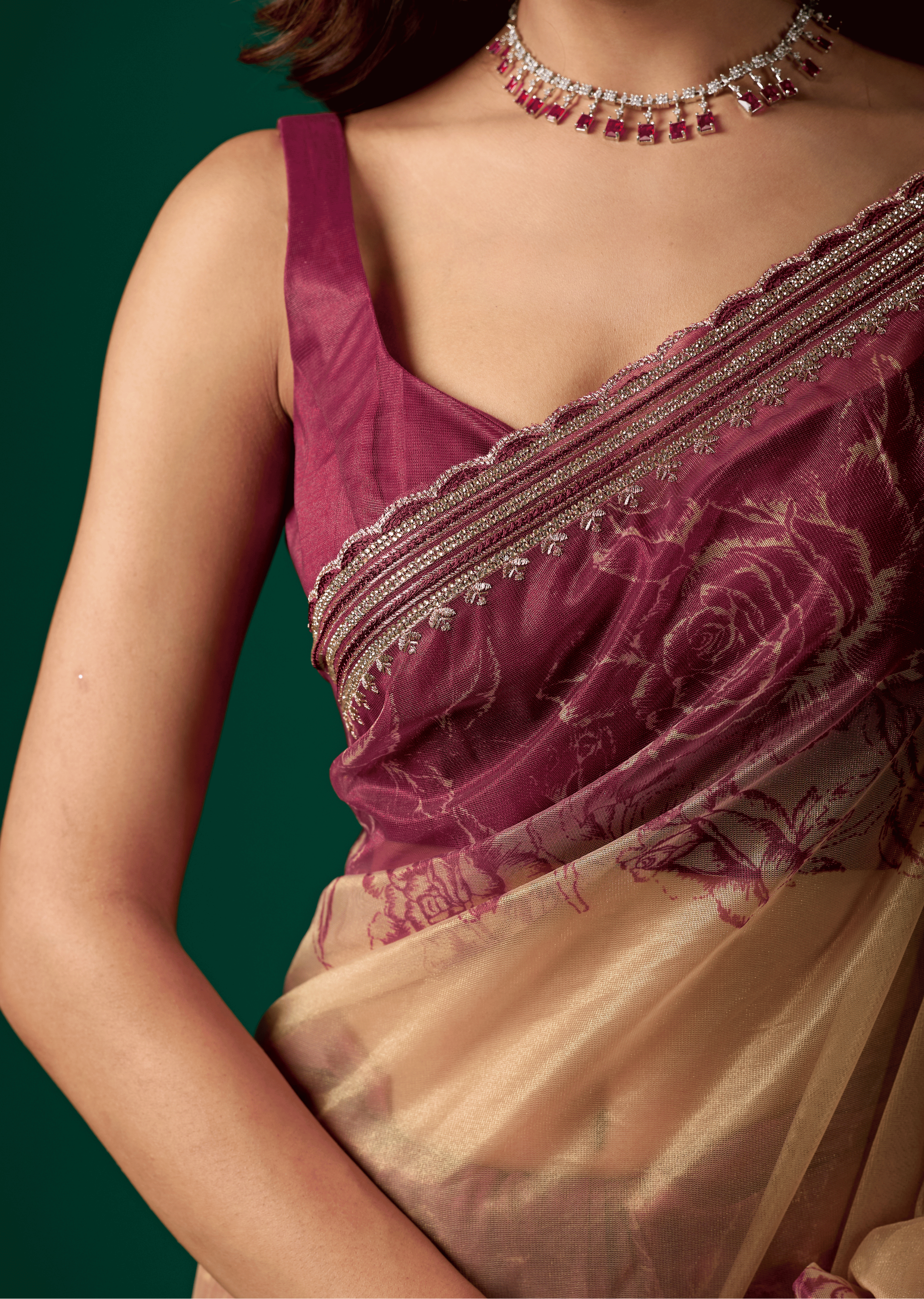 Maroon Organza Saree With Floral Print
