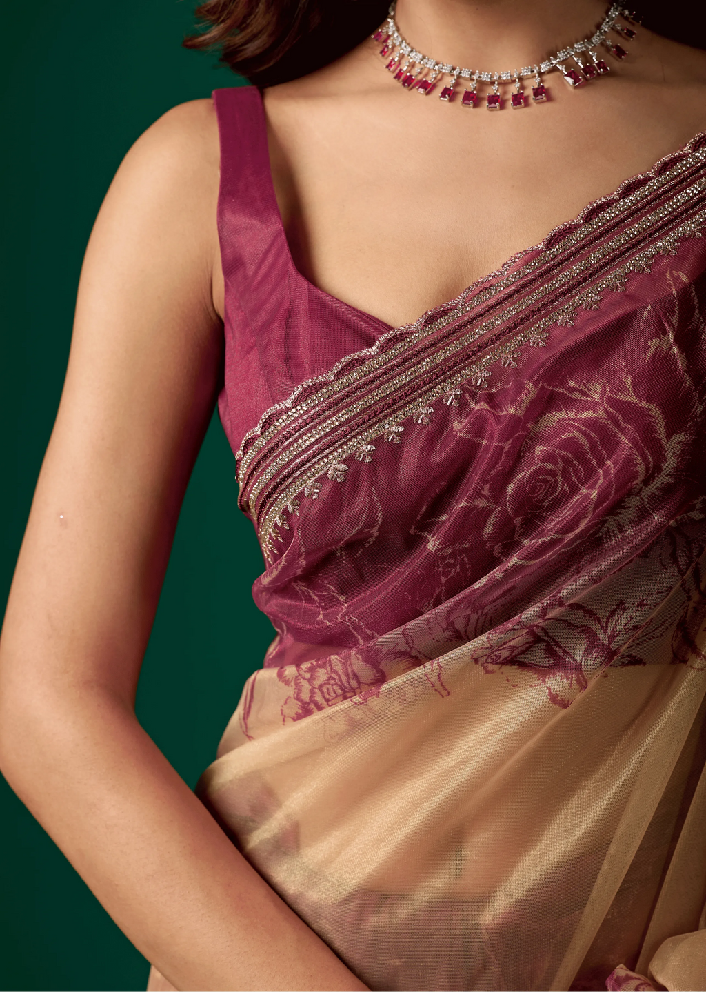 Maroon Organza Saree With Floral Print
