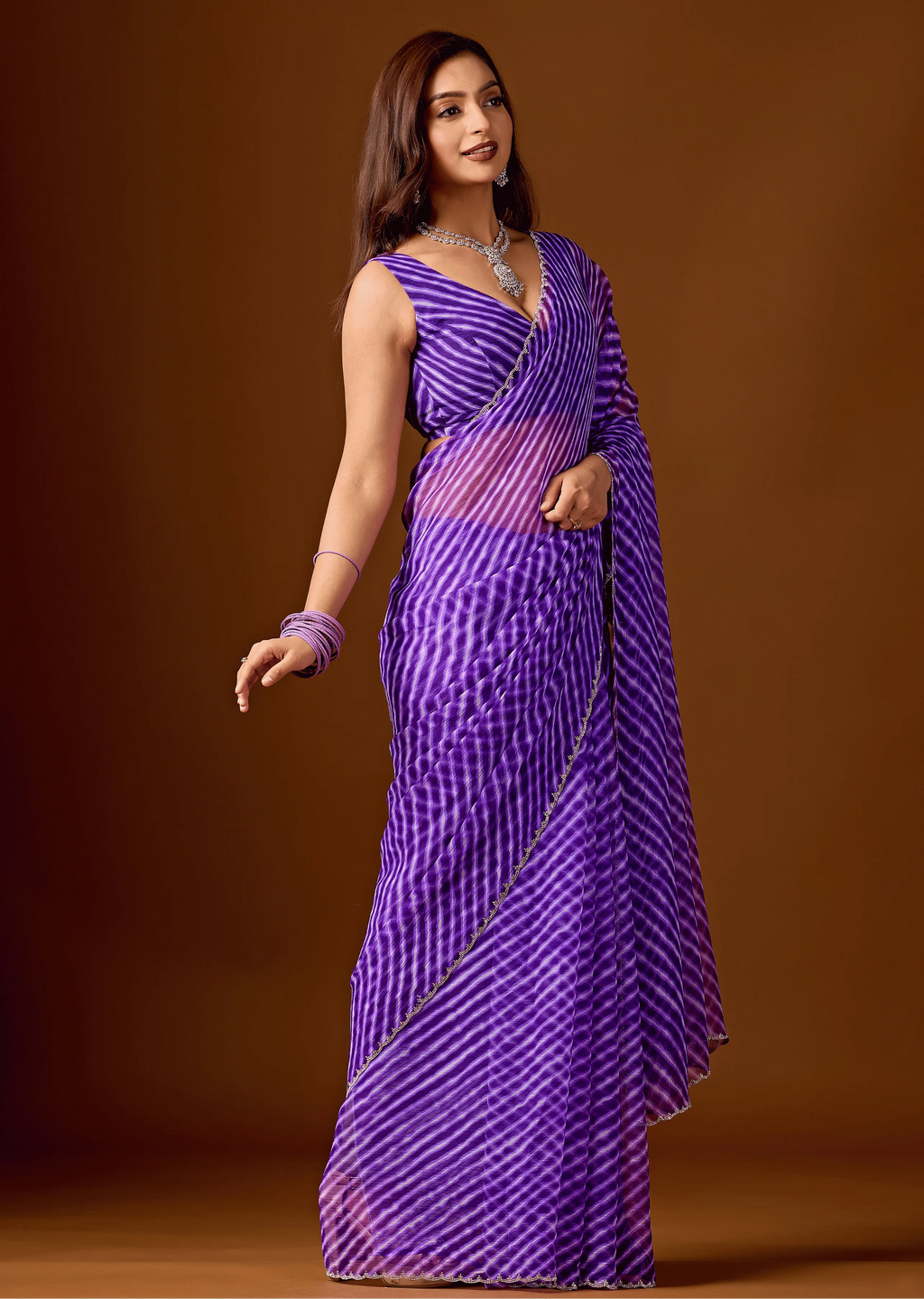 Royal Purple Chiffon Saree Standing Look - Party Wear Saree