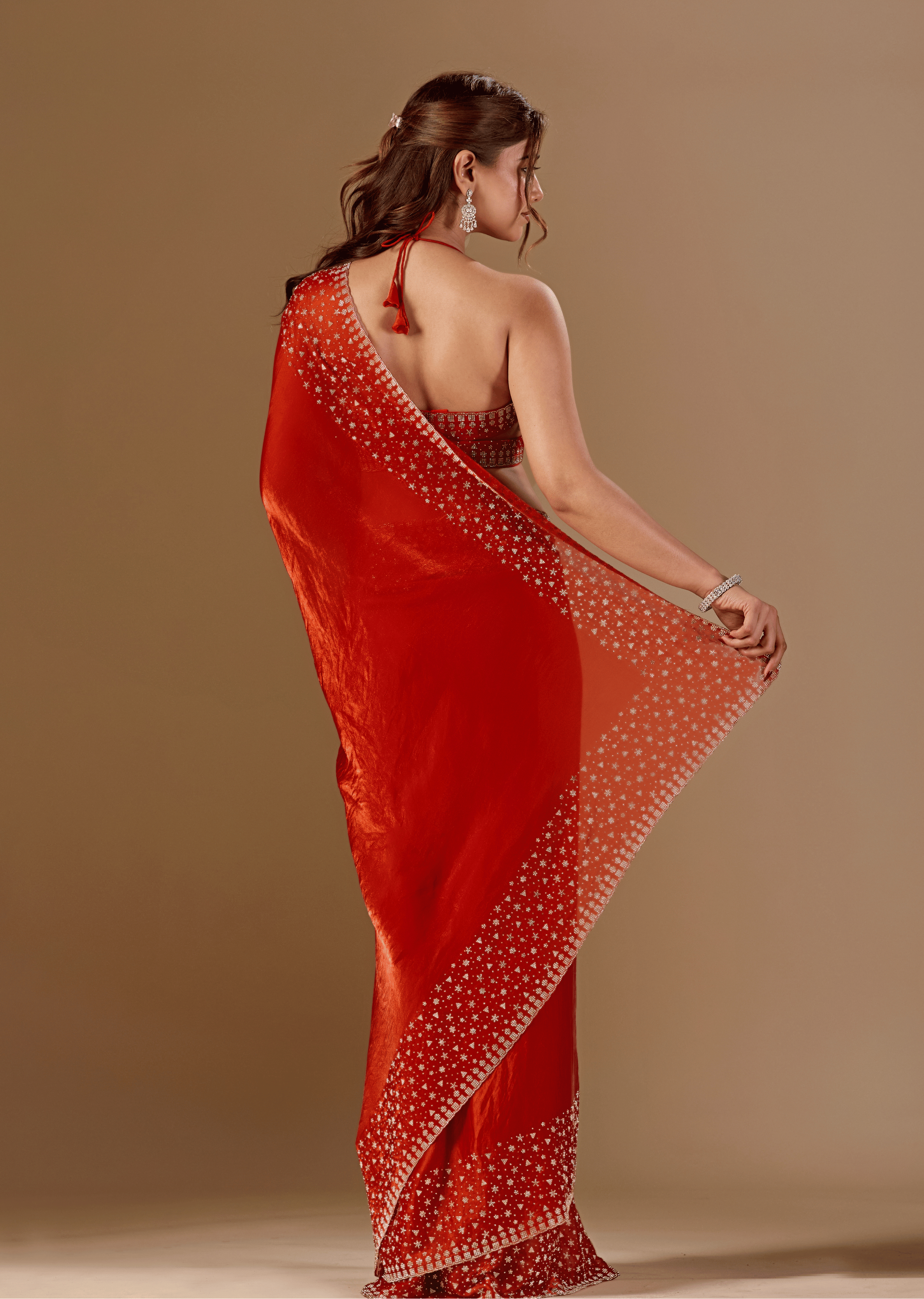 Burnt Orange Tissue Silk Saree With Stone Work