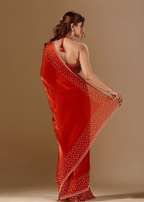 Burnt Orange Tissue Silk Saree Back Pose - Stone Work Detail