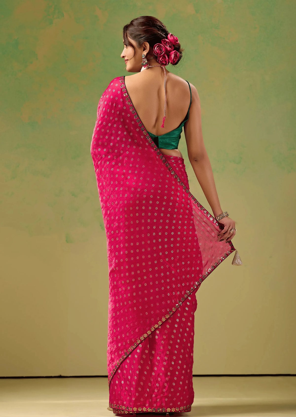 Rani Pink Tissue Silk Saree With Foil Butti Print - Photo 2 | Buy Online Ethnic9