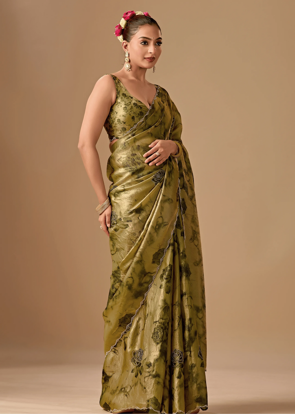 Olive Green Organza Silk Saree Draped Look - Traditional Wear Saree