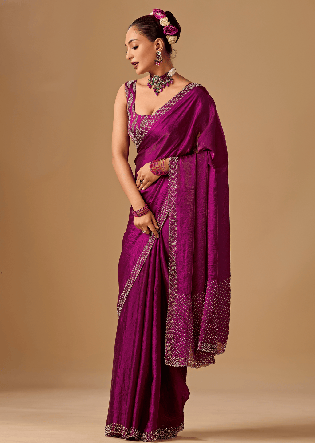 Magenta Purple Tissue Silk Saree With Crystal Stone Border
