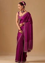 Magenta Purple Tissue Silk Saree With Crystal Stone Border