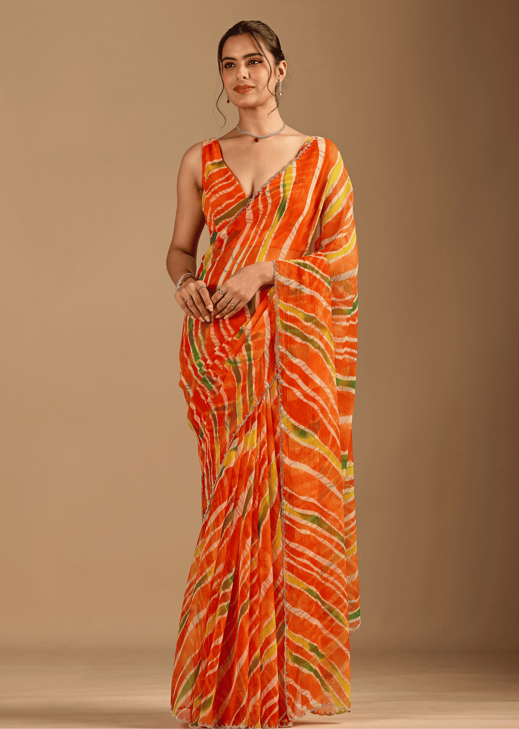 Orange Chiffon Saree With Stone Work