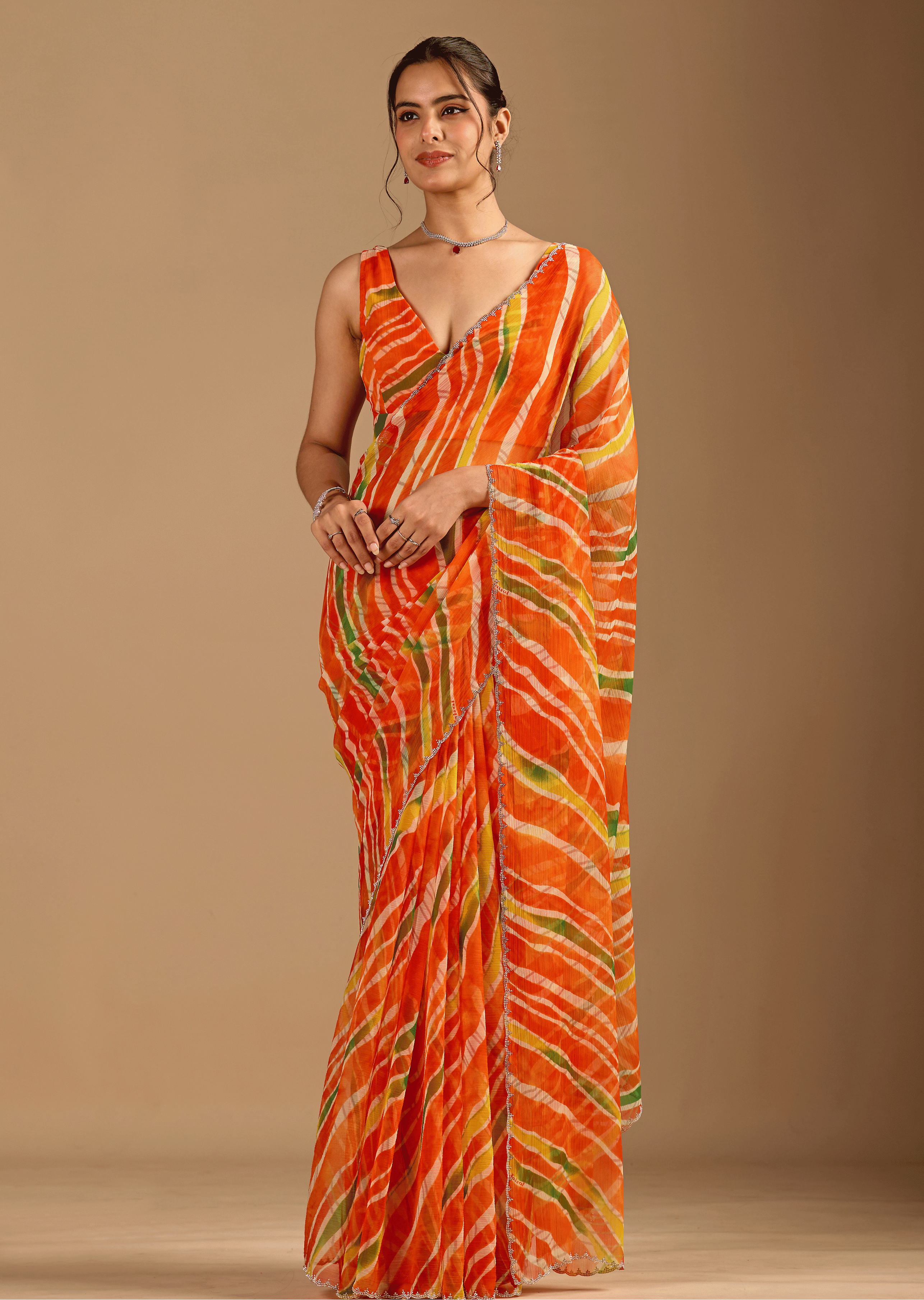 Orange Chiffon Saree With Stone Work