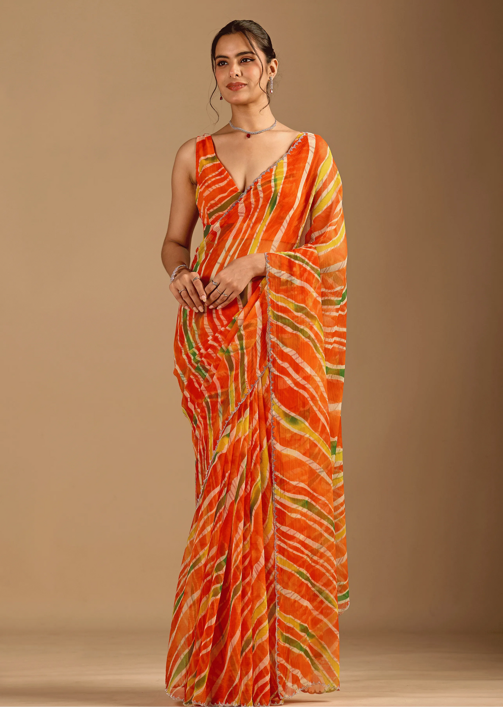 Orange Chiffon Saree With Stone Work - Front Look | Buy On Ethnic9