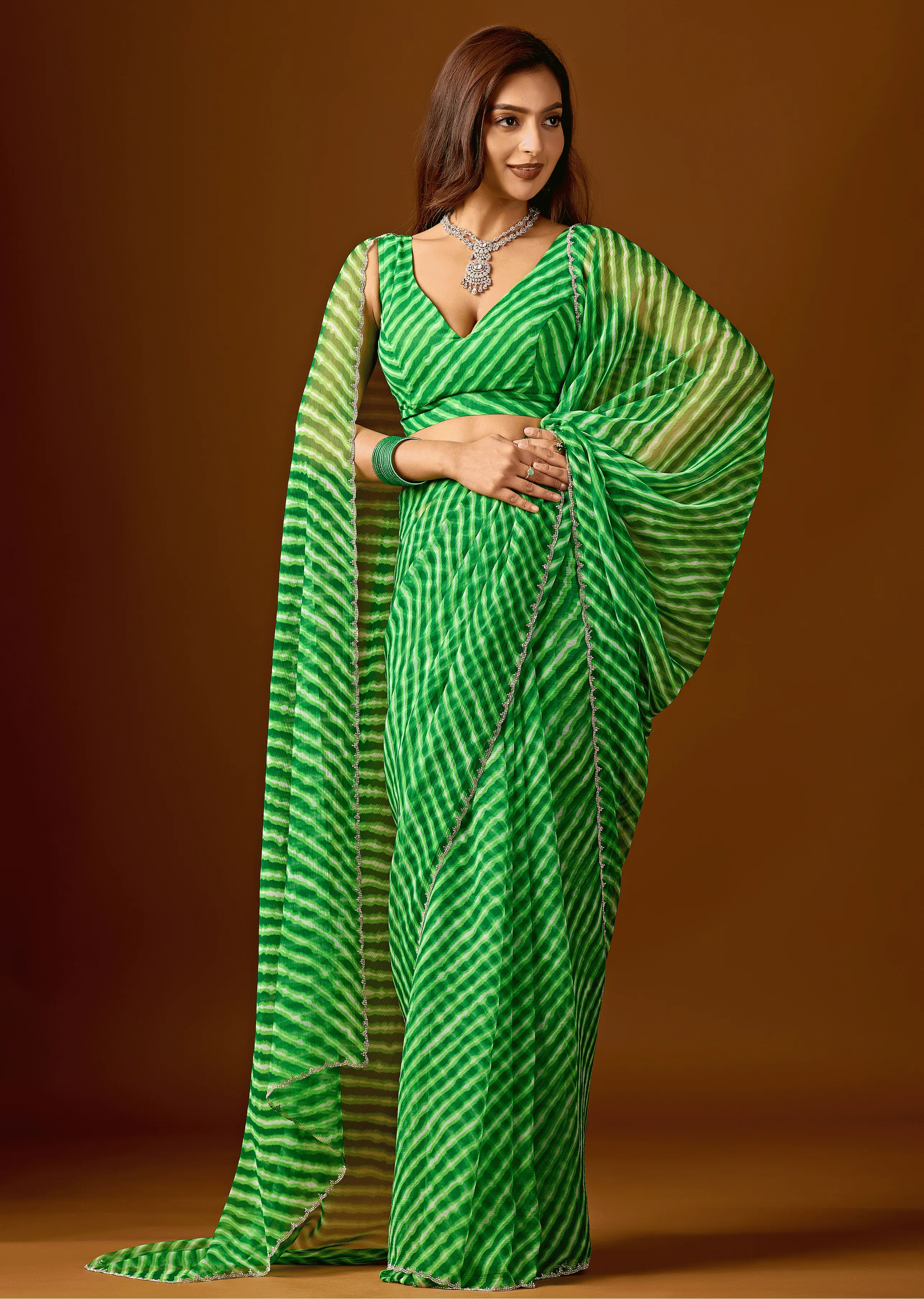 Lime Green Chiffon Saree With Leheriya Print - Front Look | Buy On Ethnic9