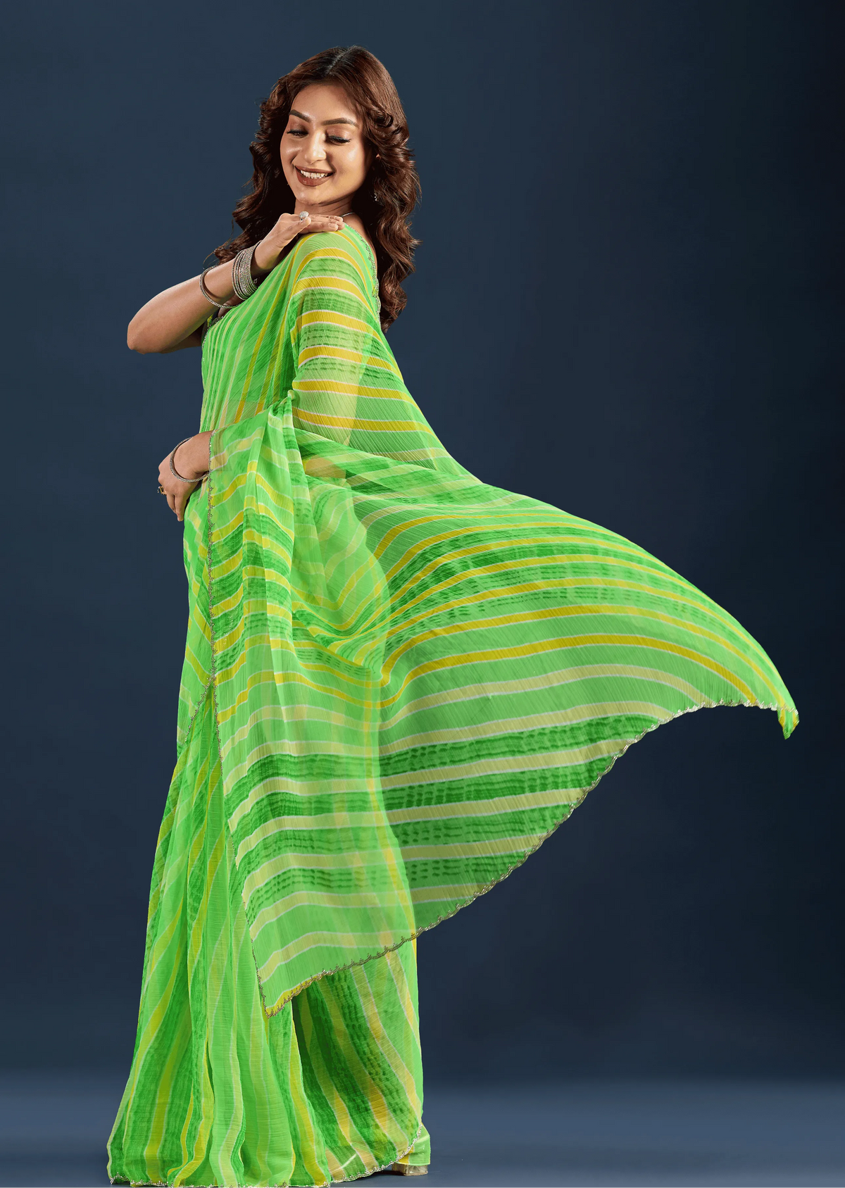 Parrot Green Chiffon Saree Pallu Detail - Vibrant Striped Print