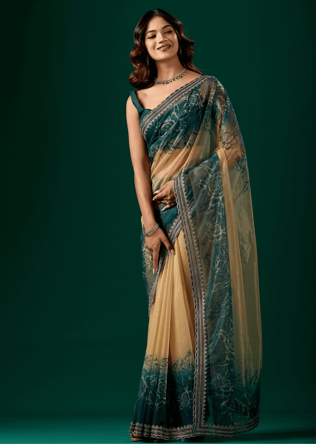 Teal Blue Organza Saree With Floral Print