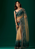 Teal Blue Organza Saree With Floral Print
