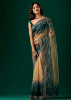 Teal Blue Organza Saree With Floral Print