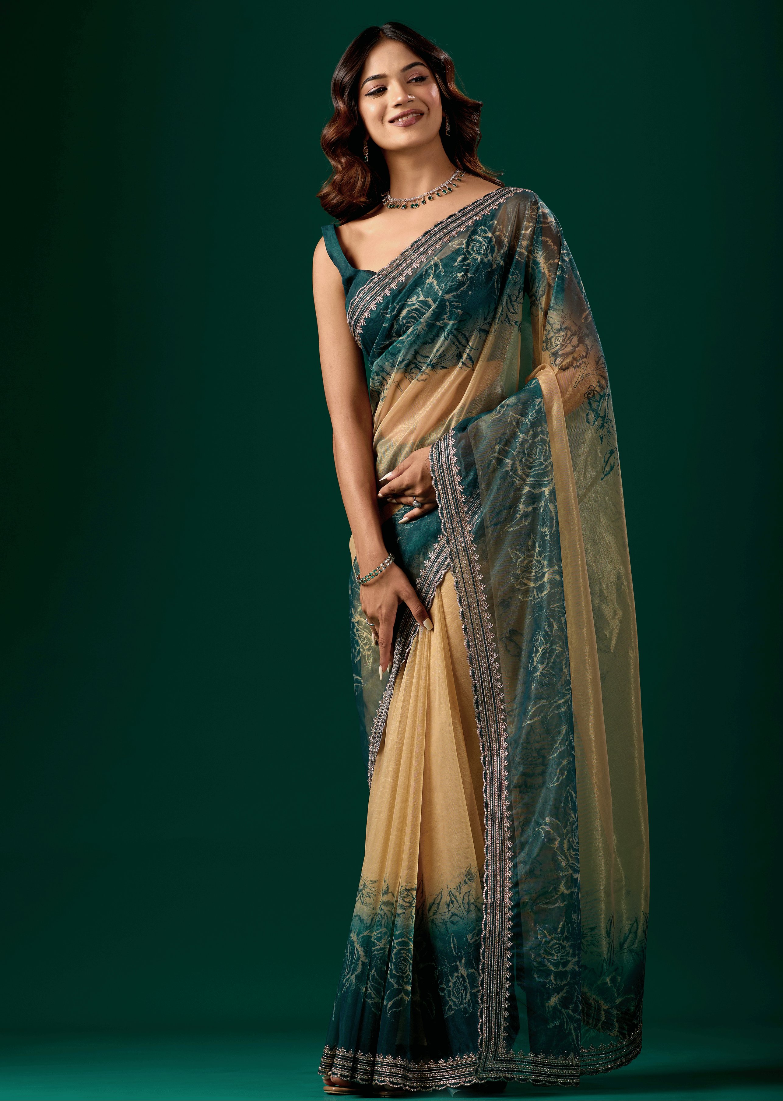 Teal Blue Organza Saree With Floral Print