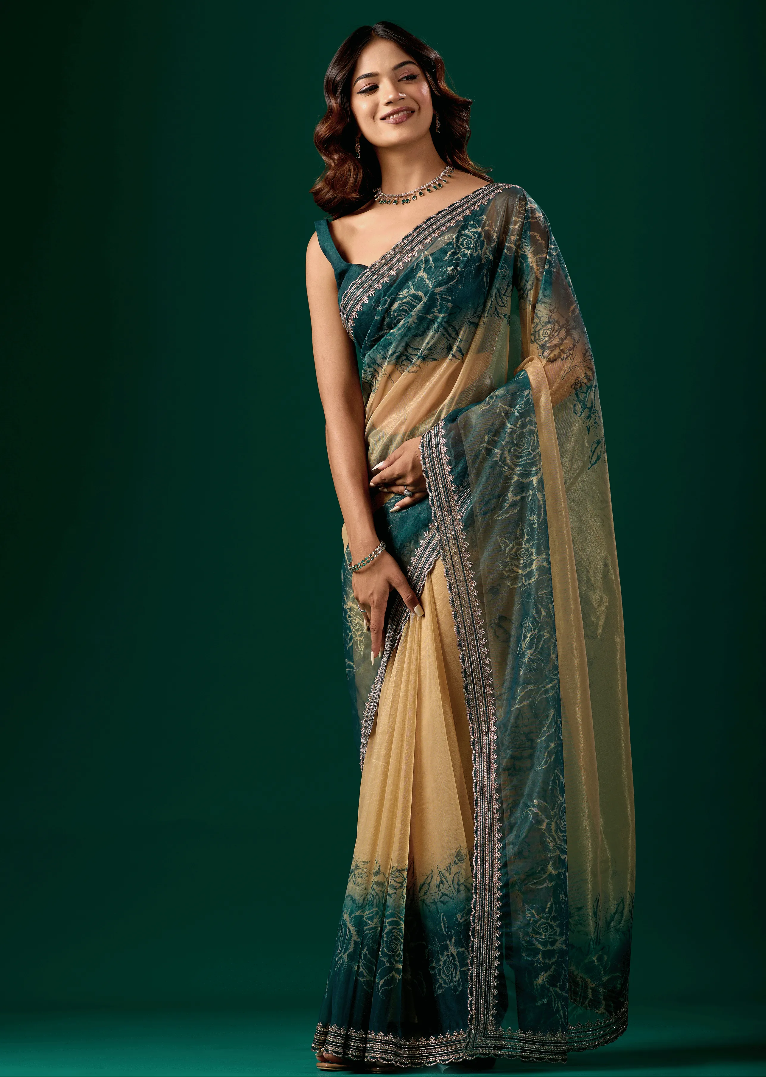 Teal Blue Organza Saree With Floral Print - Front Look | Buy On Ethnic9