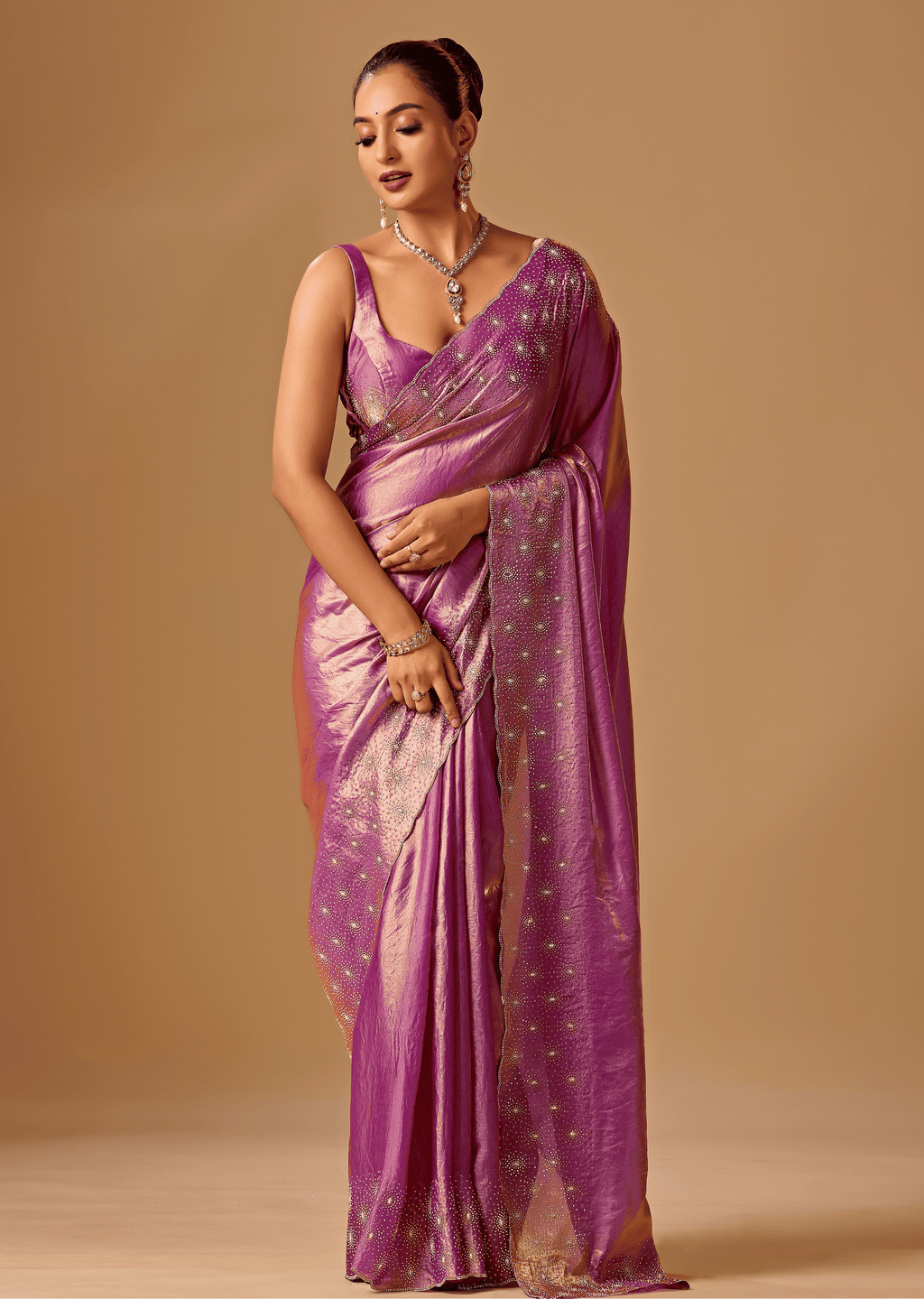 Orchid Purple Tissue Silk Saree With Stone Embroidery