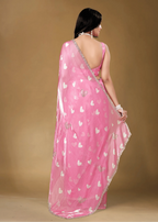 Candy Pink Organza Silk Saree Back Pose - Heart Print Detail