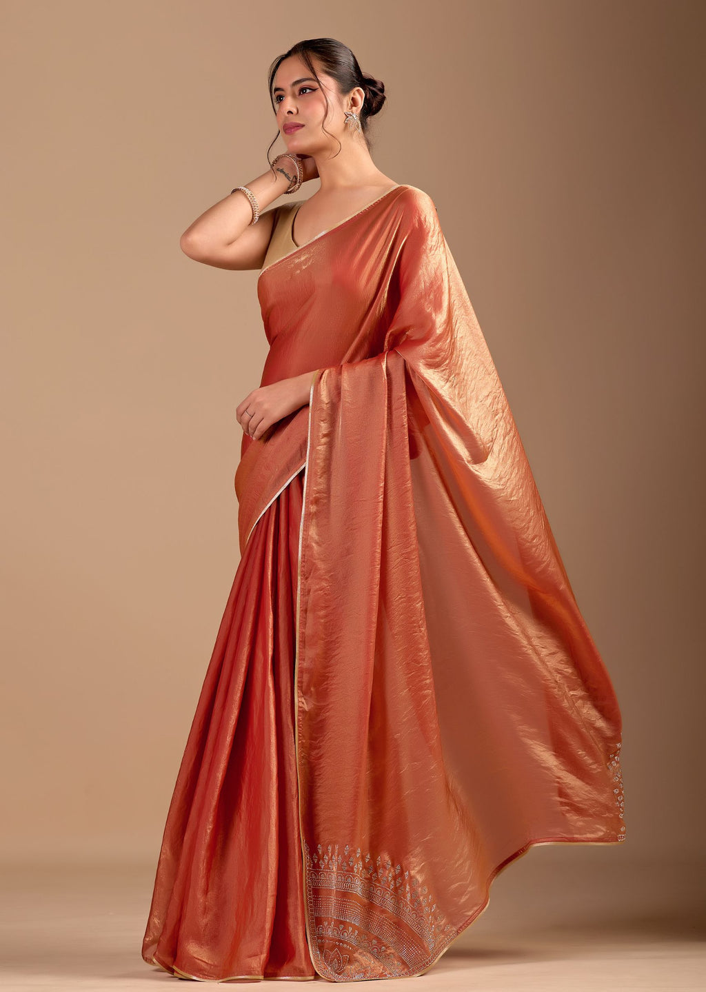 Peach Orange Organza Saree with Stone Work Border & Metallic Sheen