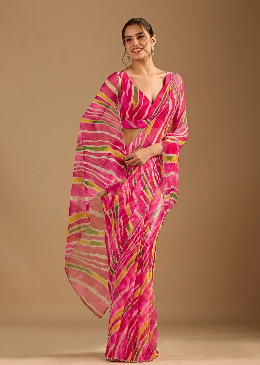 Rani Pink Leheriya Chiffon Saree With Stone Work - Photo 7 | Buy Online Ethnic9