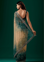 Teal Blue Organza Saree With Floral Print