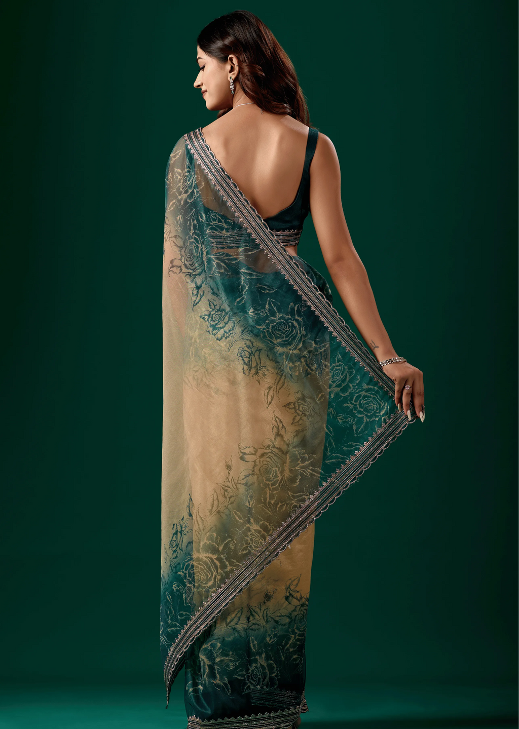 Teal Blue Organza Saree Back Pose - Floral Print Detail