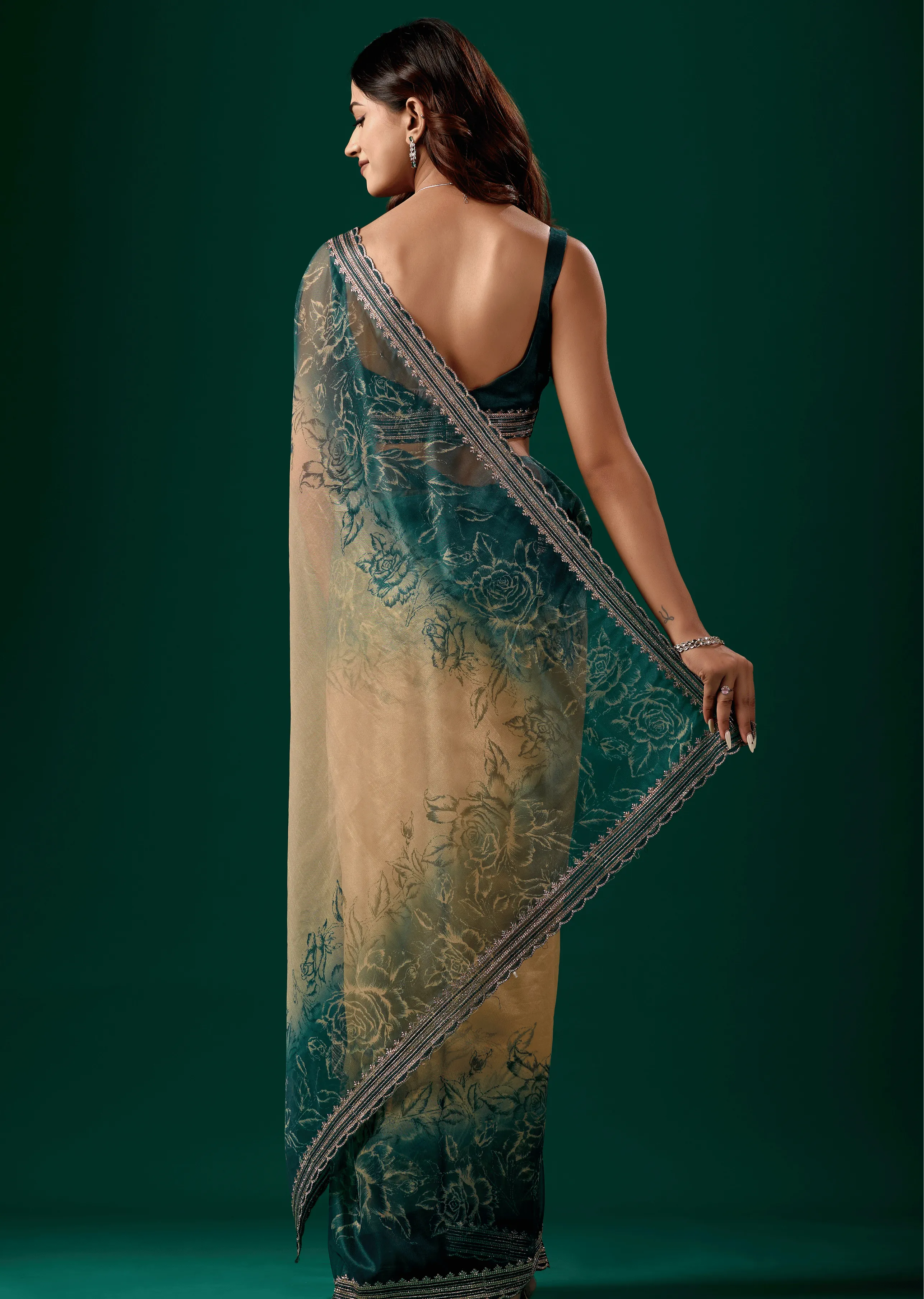 Teal Blue Organza Saree Back Pose - Floral Print Detail