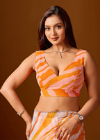 Peach Orange Chiffon Saree Blouse Close Up - Leheriya Print Detail