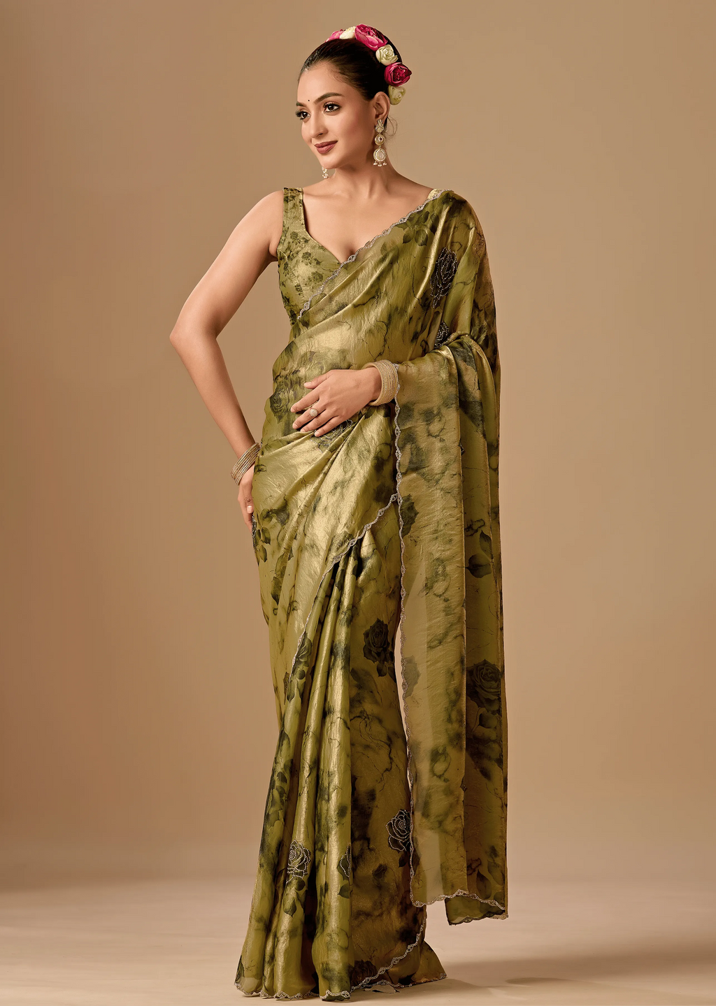 Olive Green Organza Silk Saree Close Up Pose - Festive Wear Saree