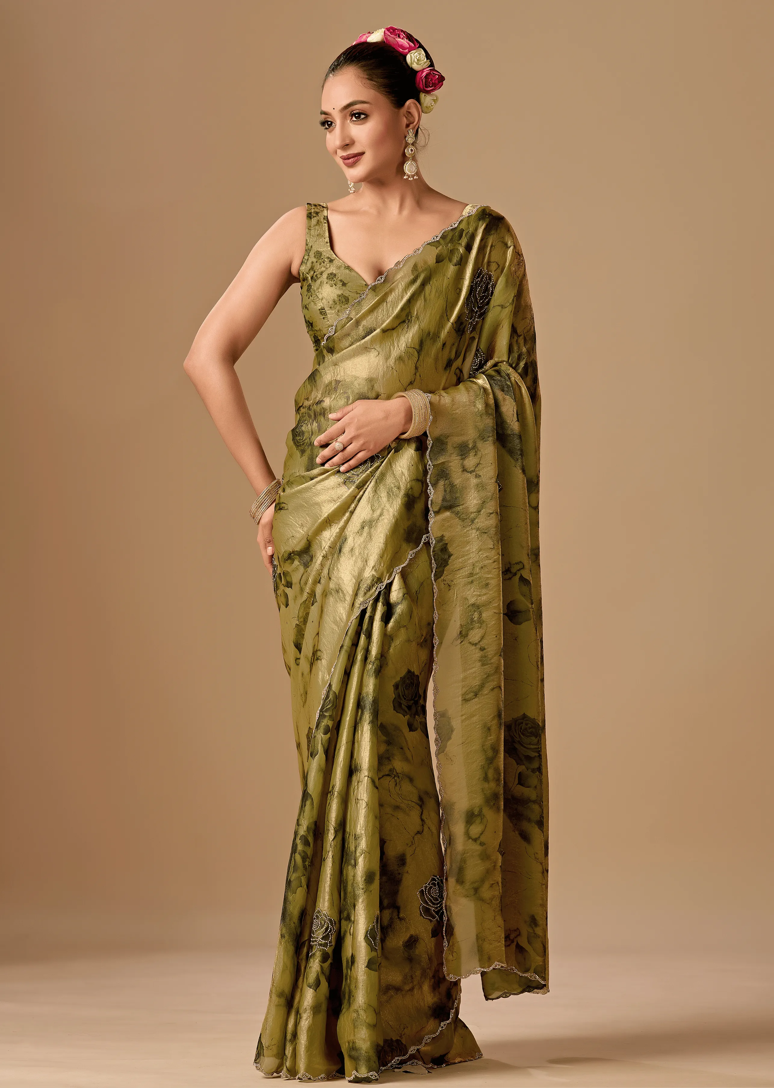 Olive Green Organza Silk Saree Close Up Pose - Festive Wear Saree