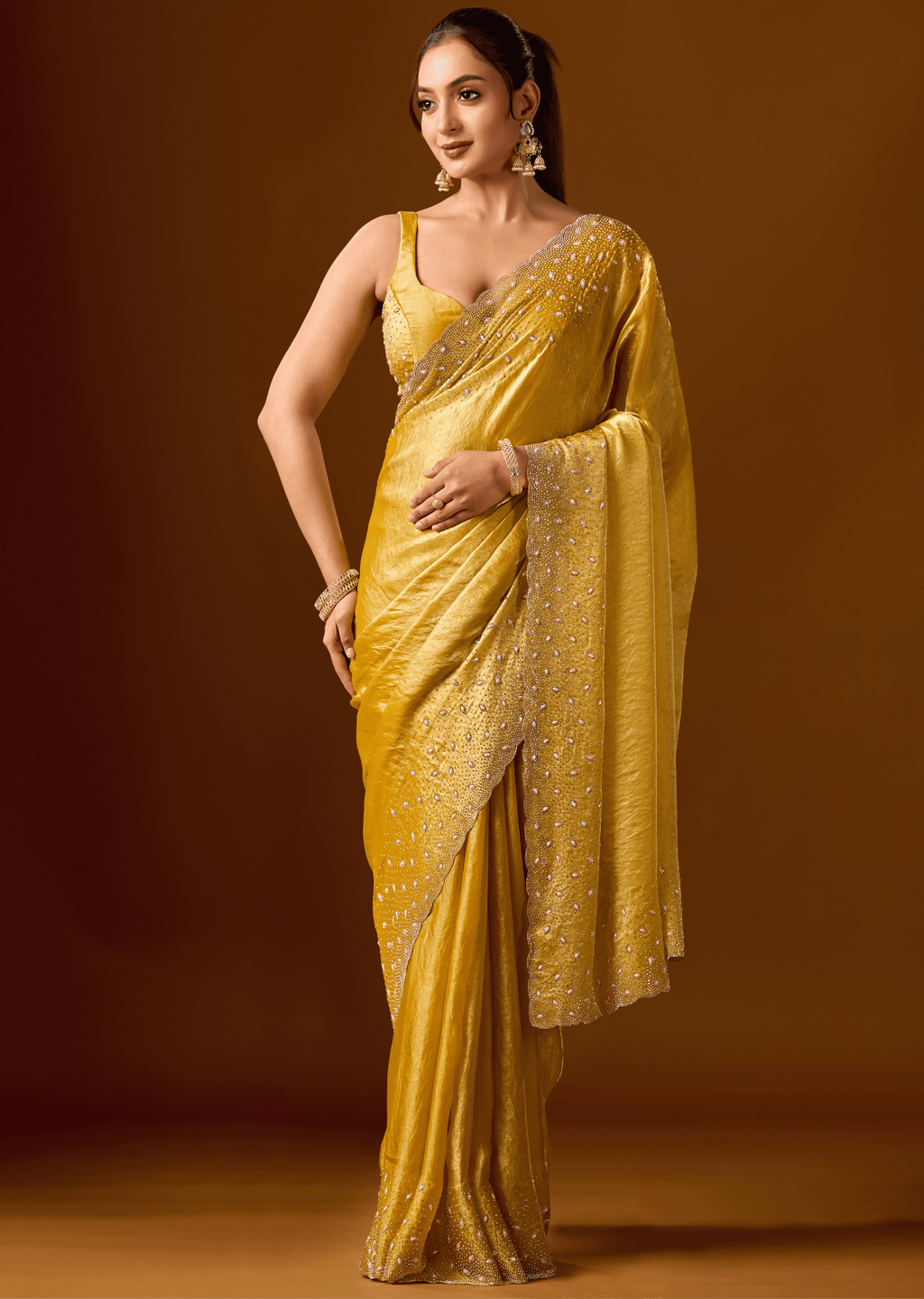 Mustard Yellow Tissue Silk Saree With Stone Work