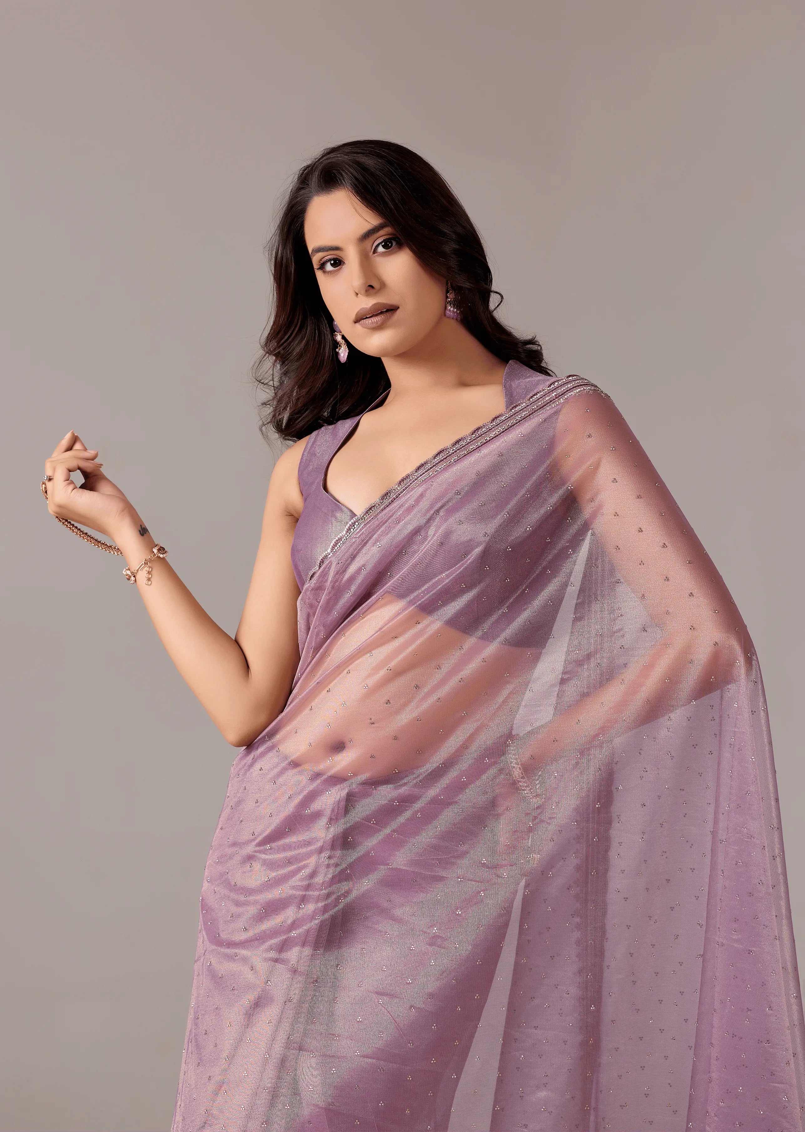 Purple Organza Saree Close Up Pose - Party Wear Saree