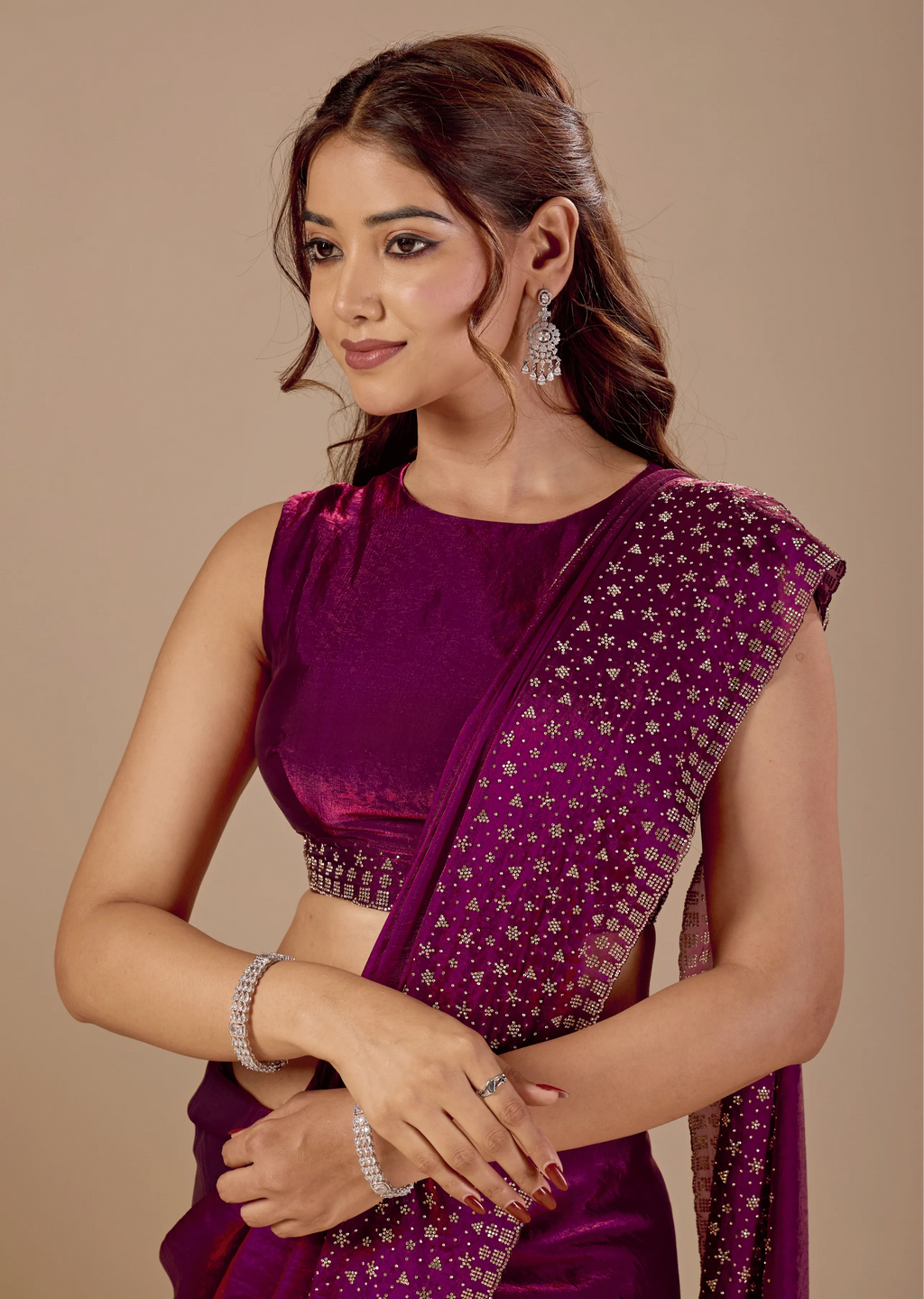 Purple Tissue Silk Saree Close Up Pose - Reception Wear Saree