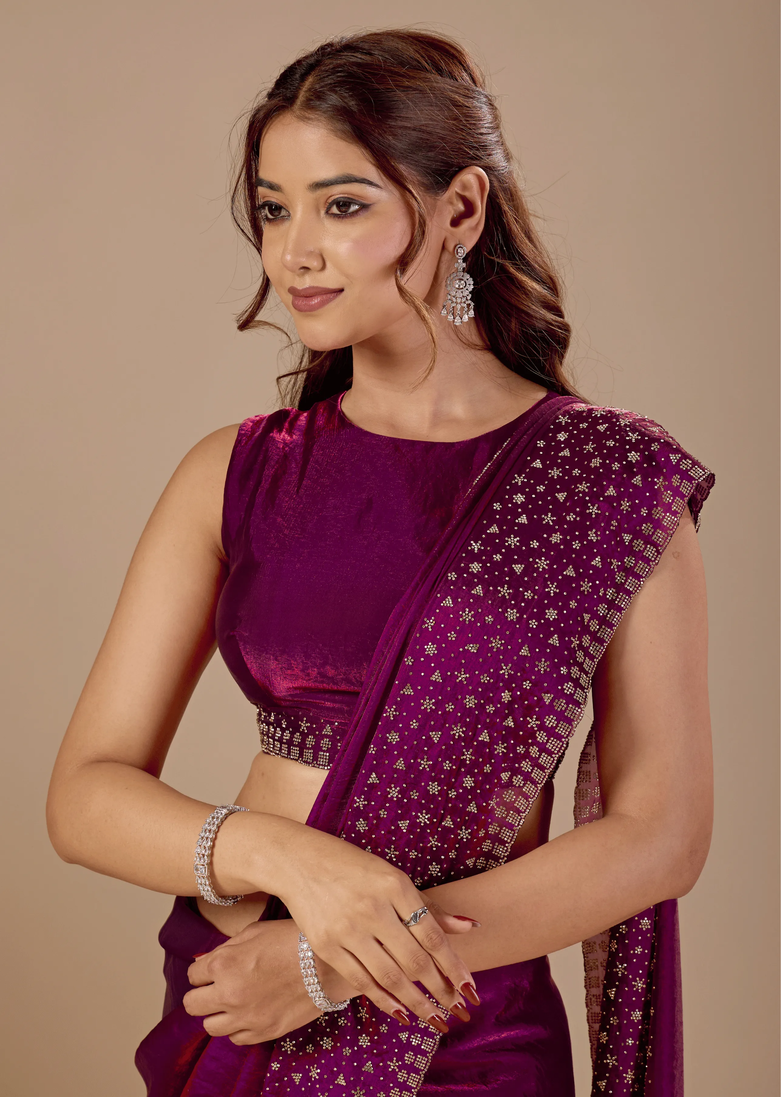 Purple Tissue Silk Saree Close Up Pose - Reception Wear Saree