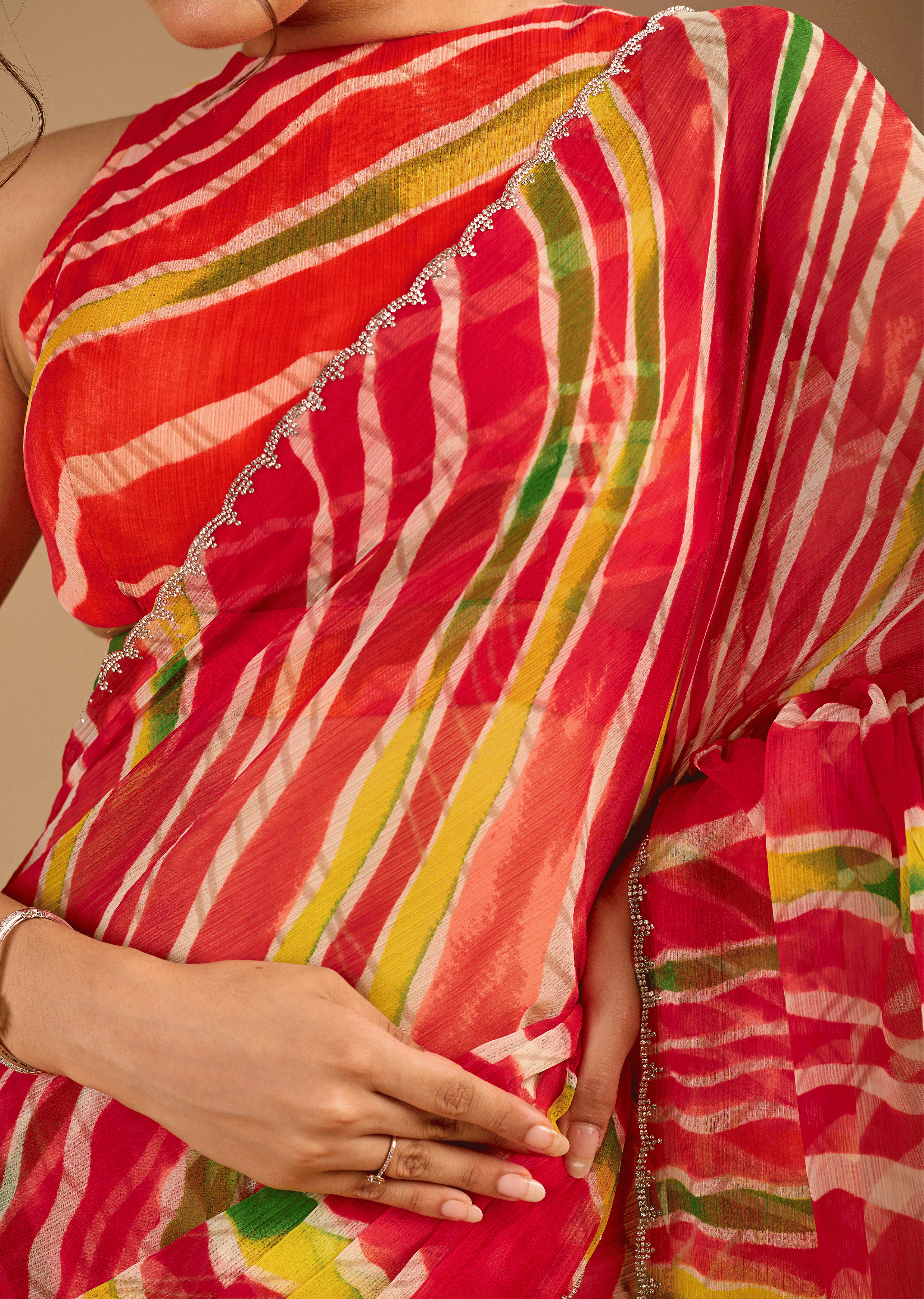 Red Chiffon Saree With Stone Work