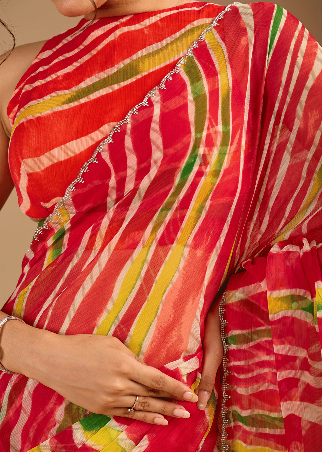 Red Chiffon Saree Close Up Pose - Stone Work Detailing