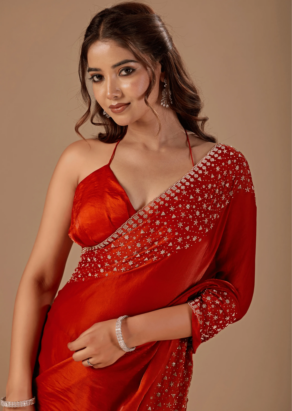 Burnt Orange Tissue Silk Saree Close Up Pose - Festive Wear Saree