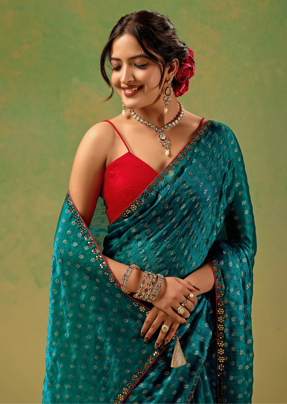 Teal Blue Tissue Silk Saree With Foil Butti Print - Photo 6 | Buy Online Ethnic9