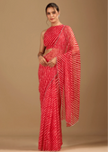 Coral Red Chiffon Saree With Stone Work - Front Look | Buy Online Ethnic9