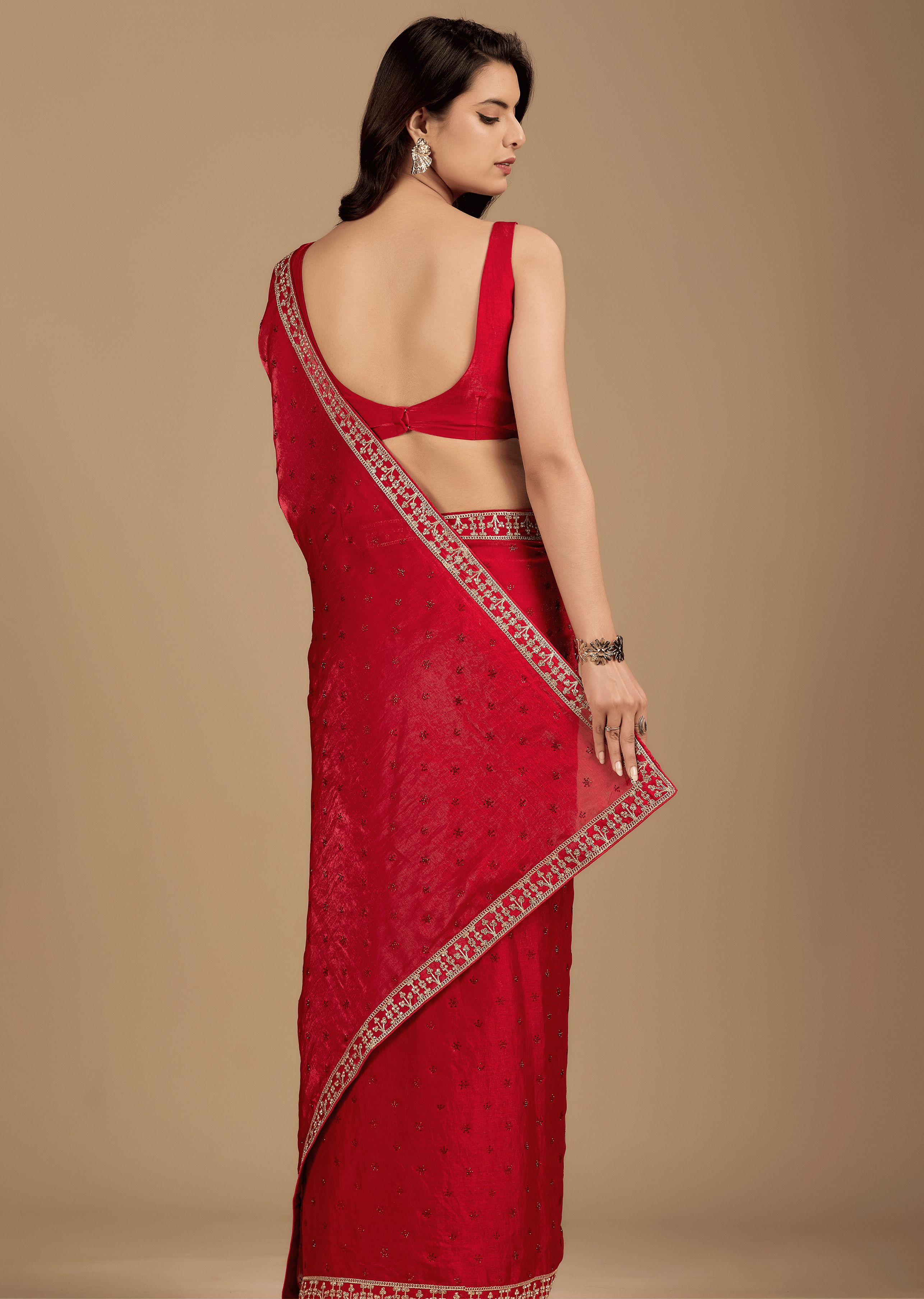 Crimson Red Tissue Silk Saree With Zari Embroidery