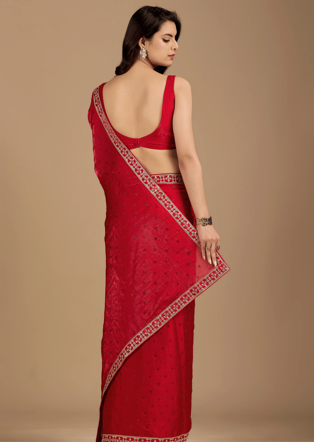 Crimson Red Tissue Silk Saree Back Pose - Zari Embroidery Detail