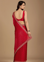 Crimson Red Tissue Silk Saree Back Pose - Zari Embroidery Detail