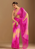 Rani Pink Chiffon Saree Close Up Pose - Haldi Ceremony Wear