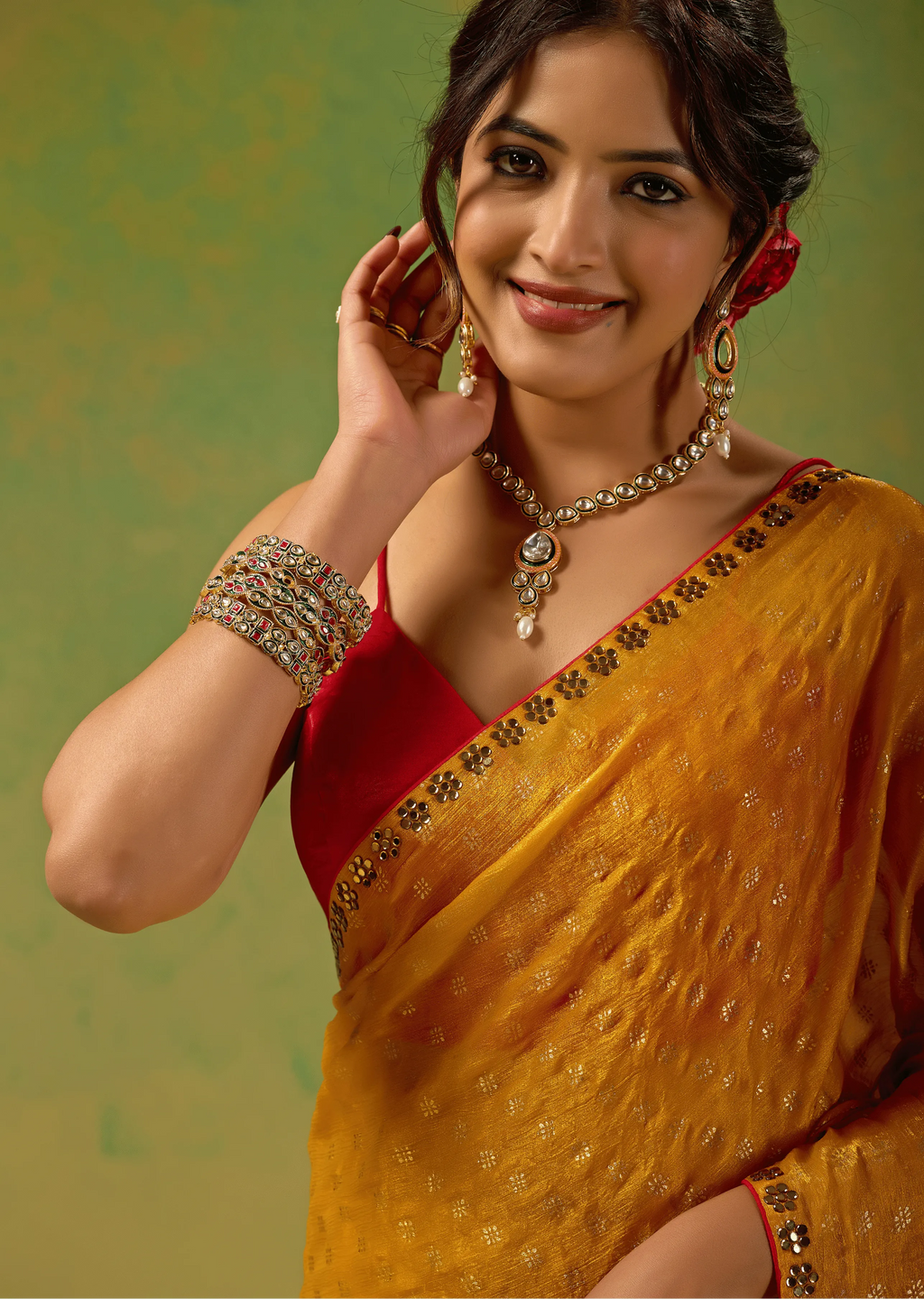 Mustard Yellow Tissue Silk Saree Close Up Pose - Wedding Wear Saree