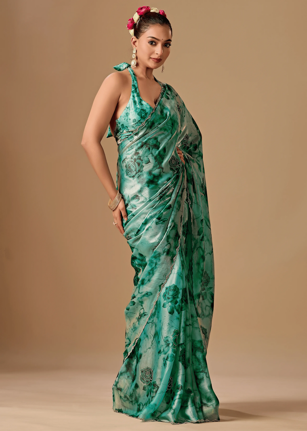 Sea Green Organza Silk Saree Close Up Pose - Festive Wear Saree