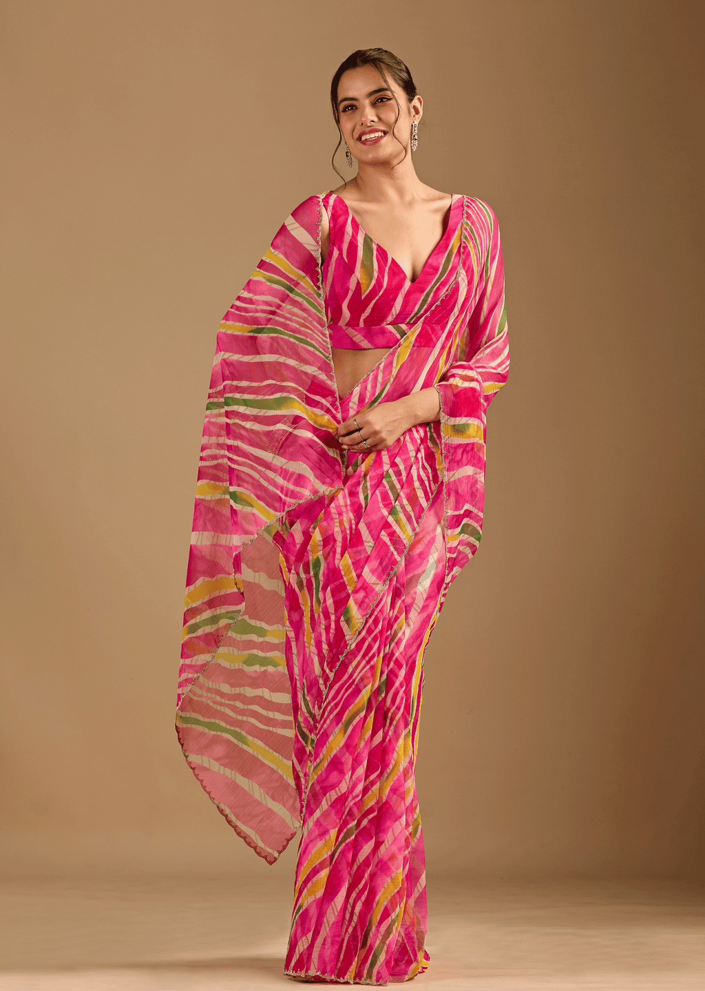 Rani Pink Chiffon Saree With Stone Work